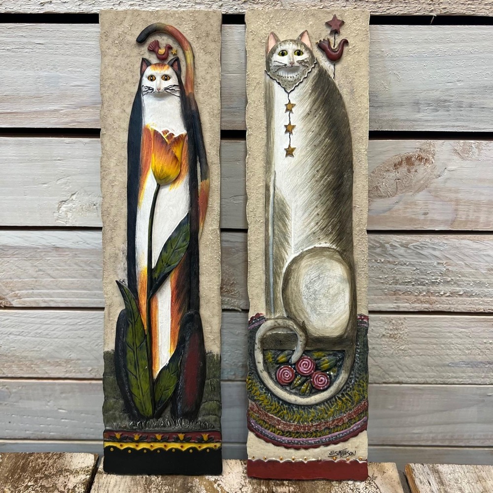 E. Smithson Multi Ceramic Cat Wall Plaque Folk Art Whimsical Set of 2 11x3